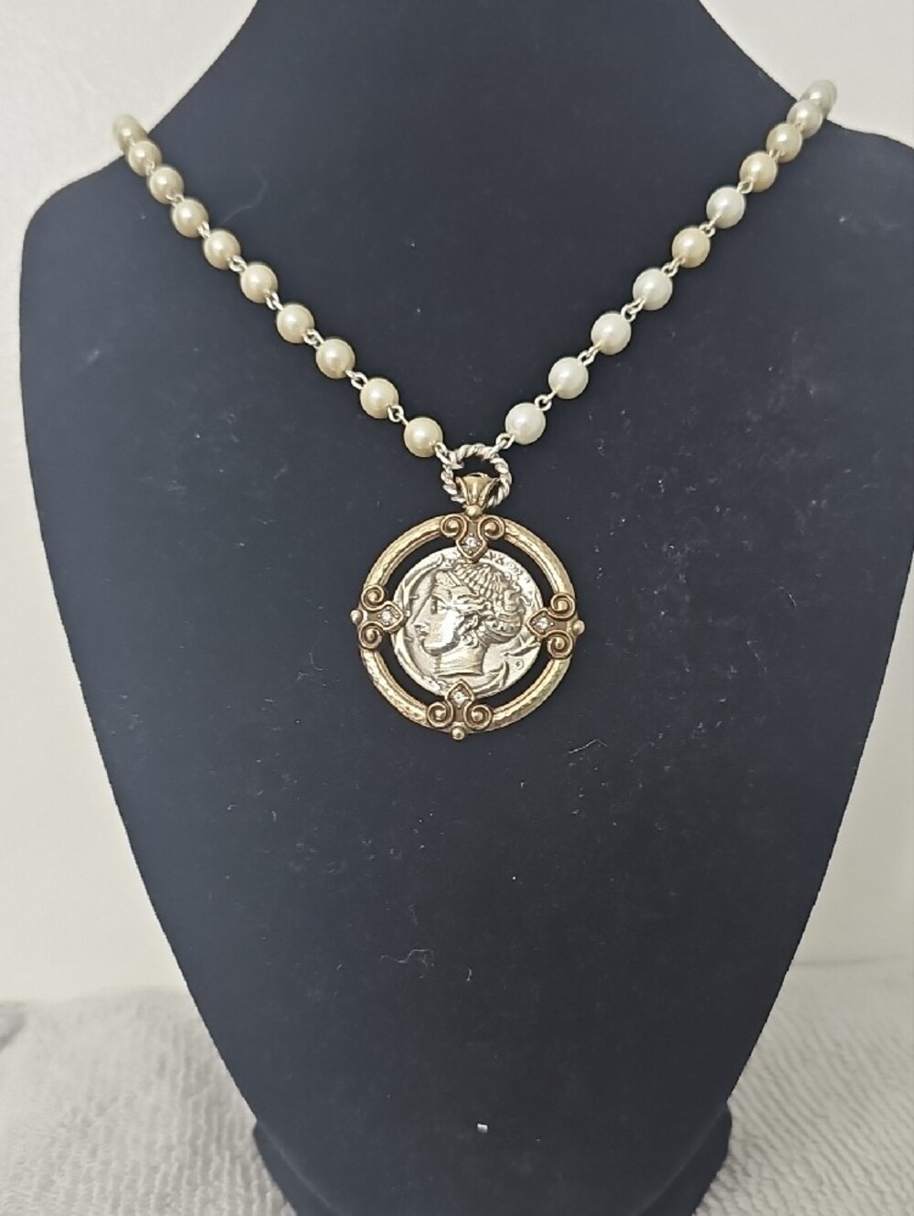 Brighton Gold and Silver Medallion Necklace with Cream Pearls - Picture 3 of 5